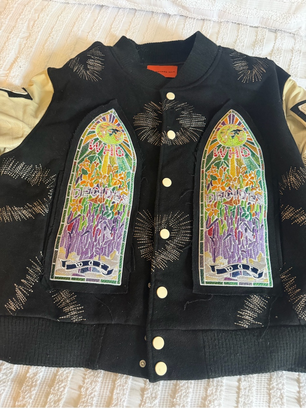 Men Black Embellished Bomber Jacket with Colorful Patchwork